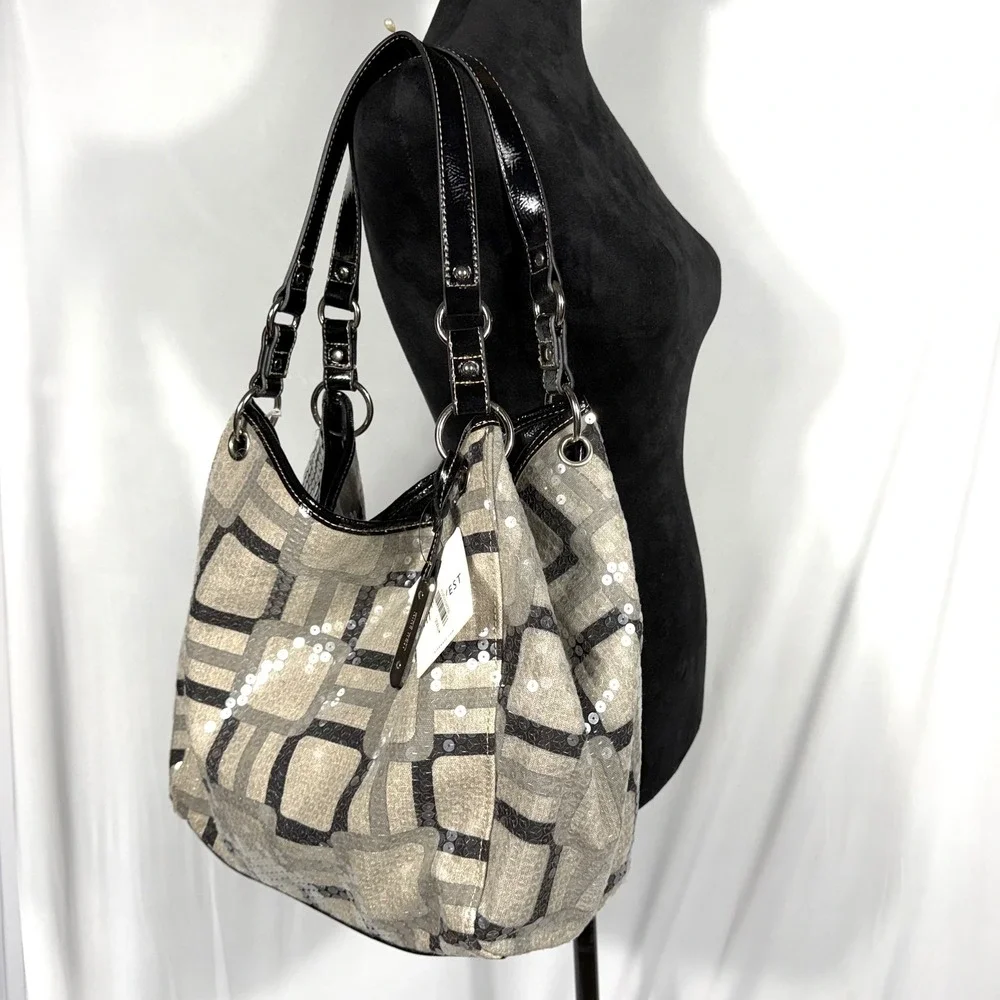 NWT Nine West Vegas Photo Sequin Tote Shoulder Hobo Bag Purse Gray Blk Vtg Y2K
